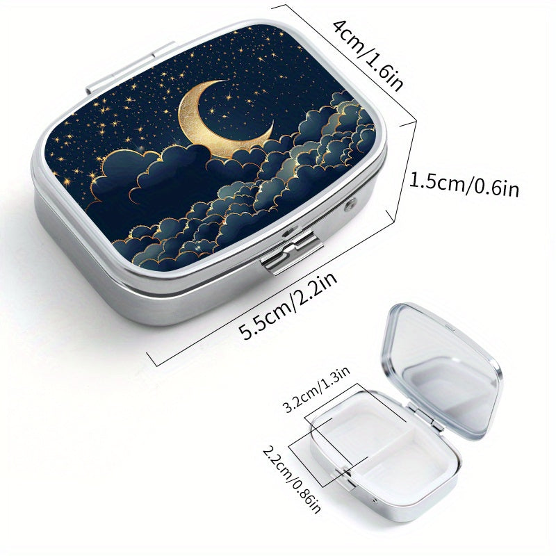 Celestial Night Sky Pill Box with Dual Compartments Metal Case for Travel