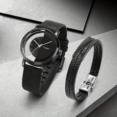 Men's Round Dial Quartz Watch & Letter Detail Bracelet Set