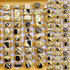 Vintage Classic Golden Crystal Metal Ring Wide Wedding Party Men Jewelry