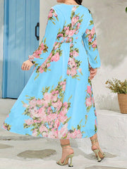 Abaya Dress Floral Print Lantern Sleeve V Neck Maxi Jalabiya Dress