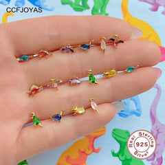 925 Silver Dinosaur Stud Earrings Set w/ Zircon, Colorful Animal Jewelry