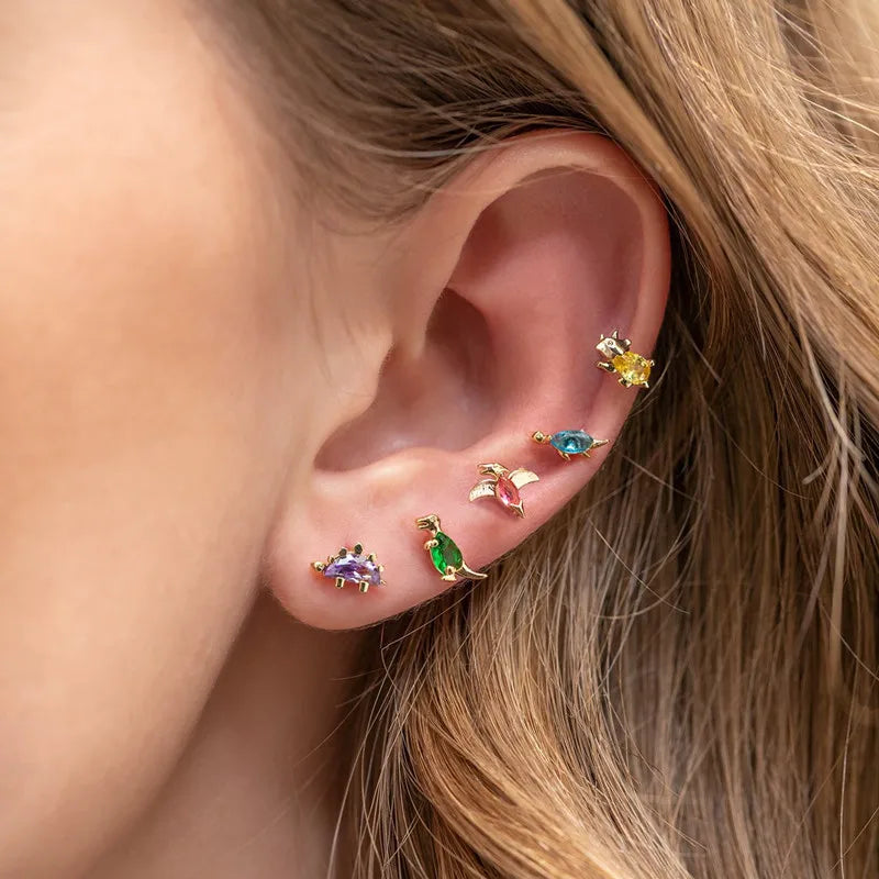 925 Silver Dinosaur Stud Earrings Set w/ Zircon, Colorful Animal Jewelry