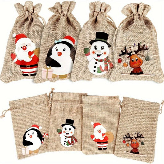 12pcs Christmas Burlap Gift Bag with Drawstrings, 4 Patterns, 3 of Each Type