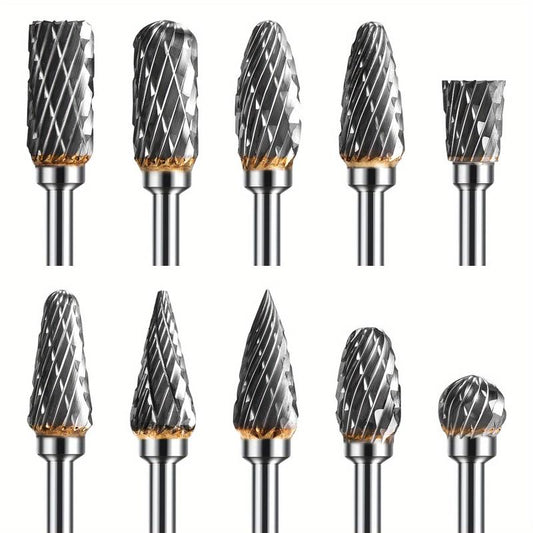 10pcs Tungsten Carbide Rotary Burr Set - 1/8 Inch Shank