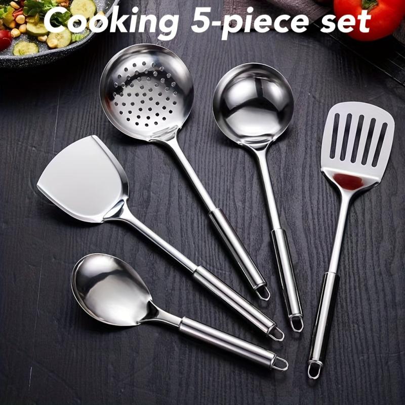 5pcs Stainless Steel Utensil Set Spatula Ladle Slotted Turner Rice Paddle Spoon