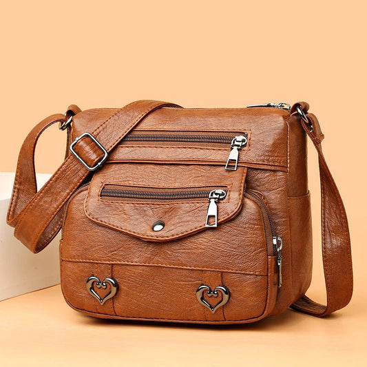 Heart Decor Crossbody Bag Vintage Pockets Faux Leather Purse