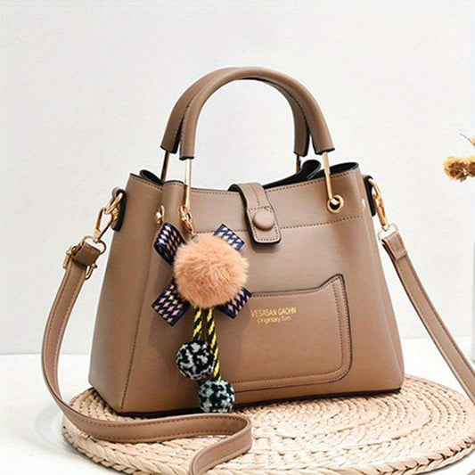 Women's PU Leather Crossbody Bag with Pompom Ball