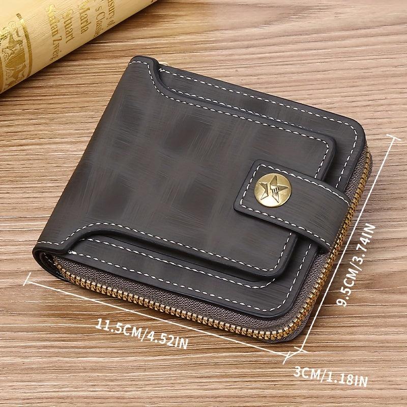 Men's PU Button Decor Zipper Credit Card Holder Bifold Wallet