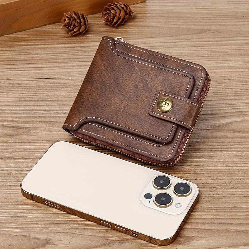 Men's PU Button Decor Zipper Credit Card Holder Bifold Wallet
