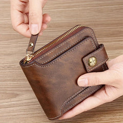 Men's PU Button Decor Zipper Credit Card Holder Bifold Wallet