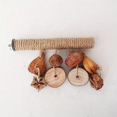 Interactive Wooden Parrot Perch with Fruit String & Activity Station