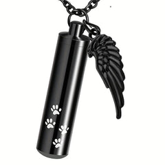 Cylinder Cremation Urn Necklace For Ashes With Angel Wing