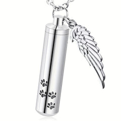 Cylinder Cremation Urn Necklace For Ashes With Angel Wing