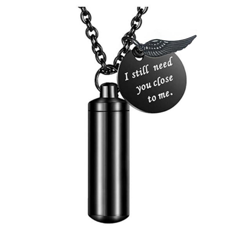Cylinder Pet Ashes Necklace with Angel Wing - Memorial Keepsake Pendant