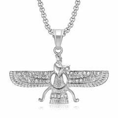 Zoroastrian Faravahar Symbol Pendant Necklace Rhinestone Bling Men's Amulet