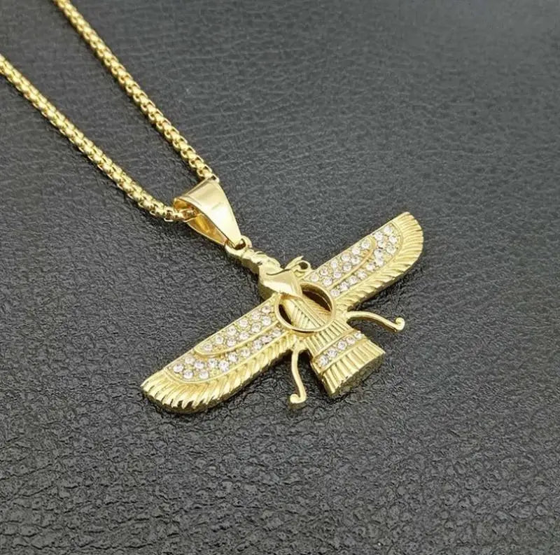 Zoroastrian Faravahar Symbol Pendant Necklace Rhinestone Bling Men's Amulet