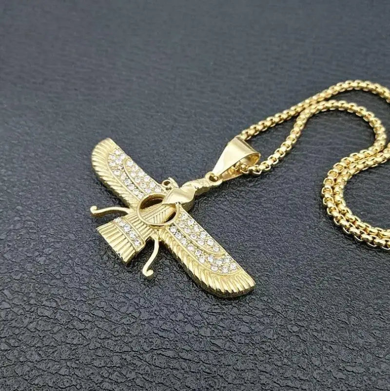 Zoroastrian Faravahar Symbol Pendant Necklace Rhinestone Bling Men's Amulet