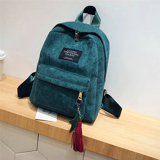 Corduroy Campus Style Mini Backpack Solid Color Double Shoulder Bag