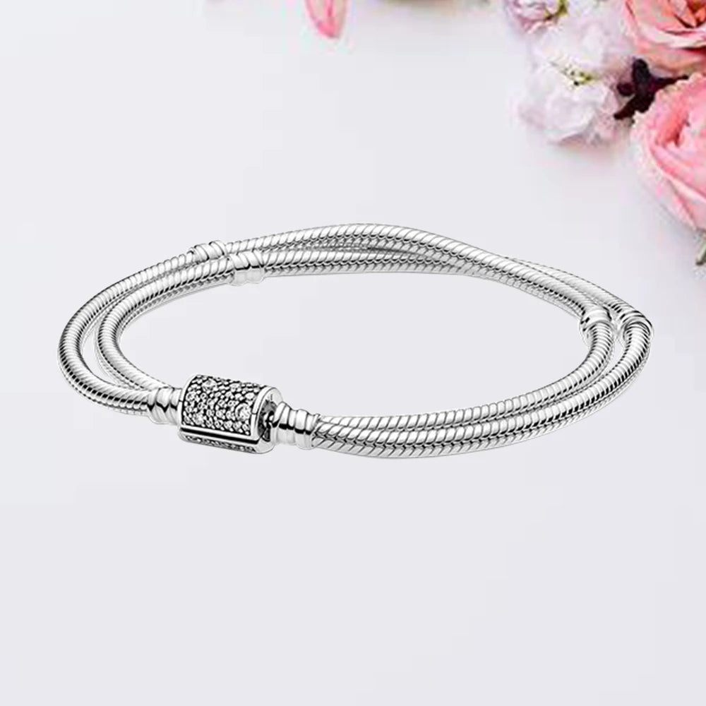 925 Silver Double Wrap Barrel Clasp Bracelet Snake Beads Dangle DIY