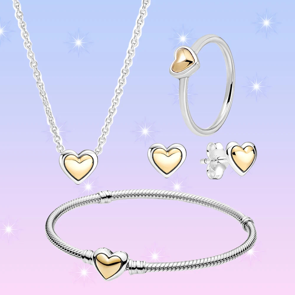 Golden Heart Set 925 Sterling Silver 14k Birthday Gift Jewelry