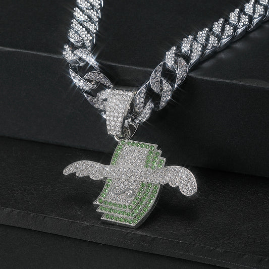 Wings Dollar Pendant Set Rhinestone Necklace