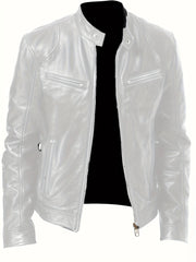 Solid Zip Up Stand Collar PU Jacket Men's Casual