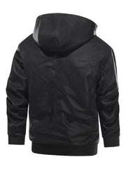 Men's Faux Leather Motorcycle Jacket Stand Collar with Hood