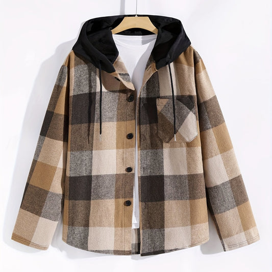 Plaid Jackets For Men Chest Pocket Button Up Hooded Stylish Coat