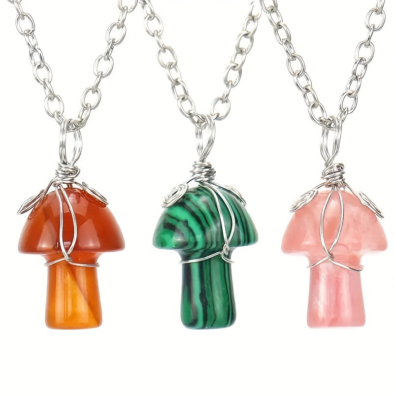 DIY Gemstone Quartz Mushroom Pendant Necklace with Stainless Steel Chain