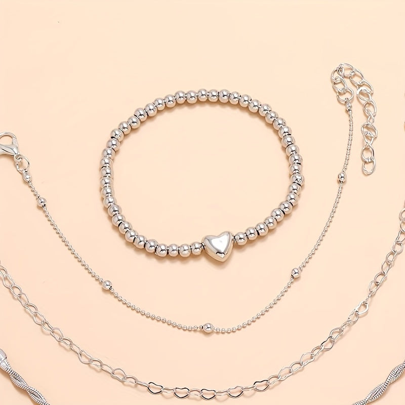 6pcs Silver Beaded Heart Pattern Multilayer Bracelet Set for Women