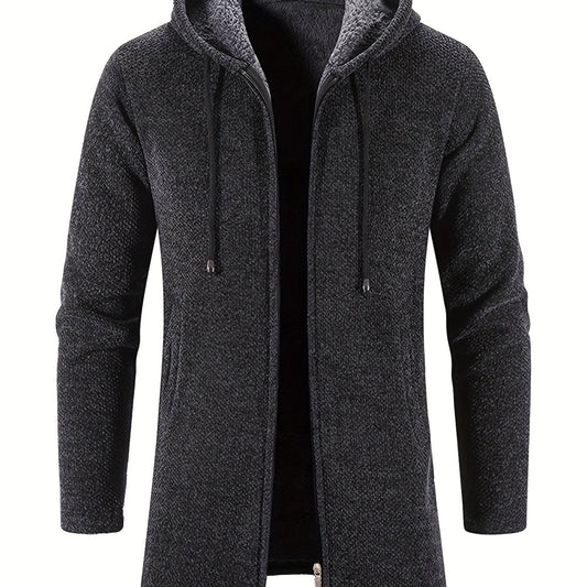 Plush Mid-length Jacket Men's Zip Up Hooded Jacket For Fall Winter