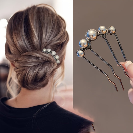 Vintage Bun Maker Hair Stick Pearl Embellished Alloy French Twist Hair Fork