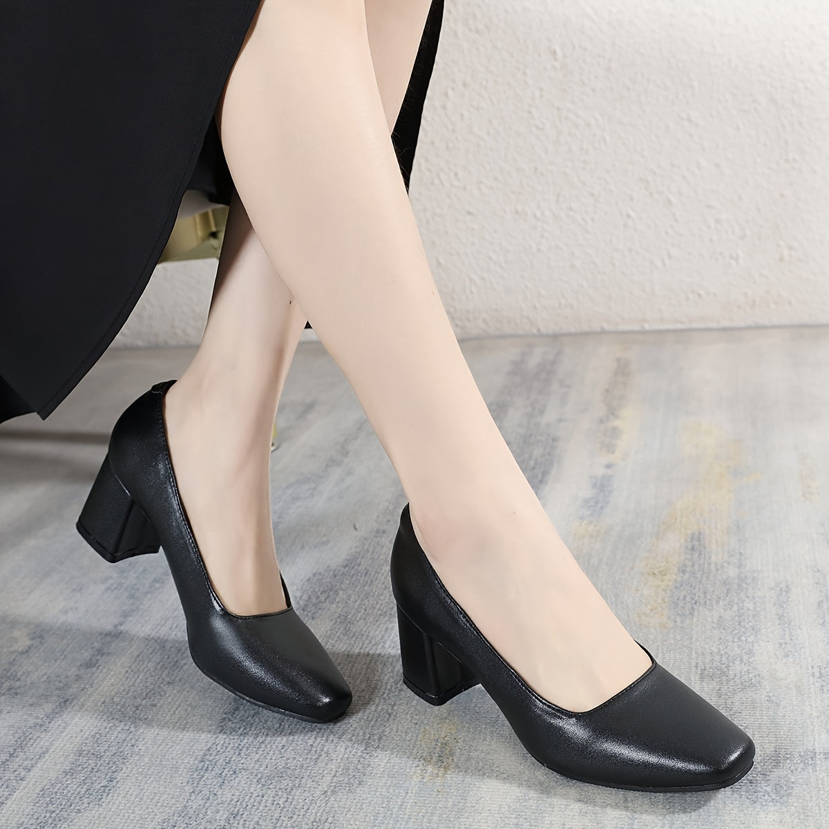Women's Square Toe Court Pumps Black Chunky Mid Heels
