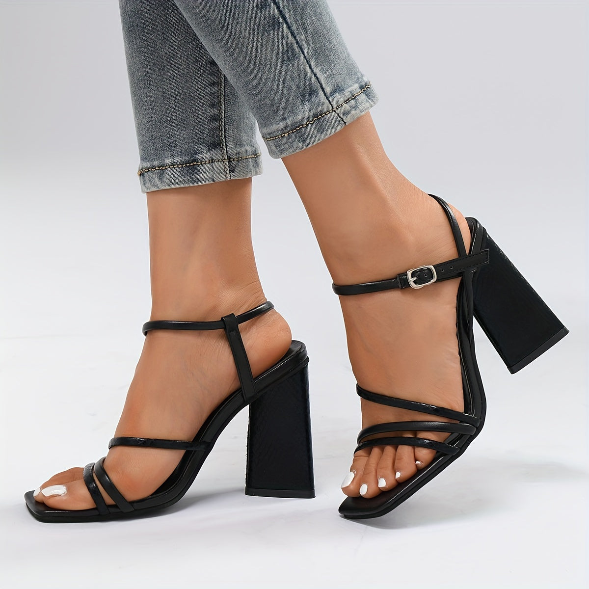 Women's Solid Block Heeled Sandals Square Toe Slingback Heels