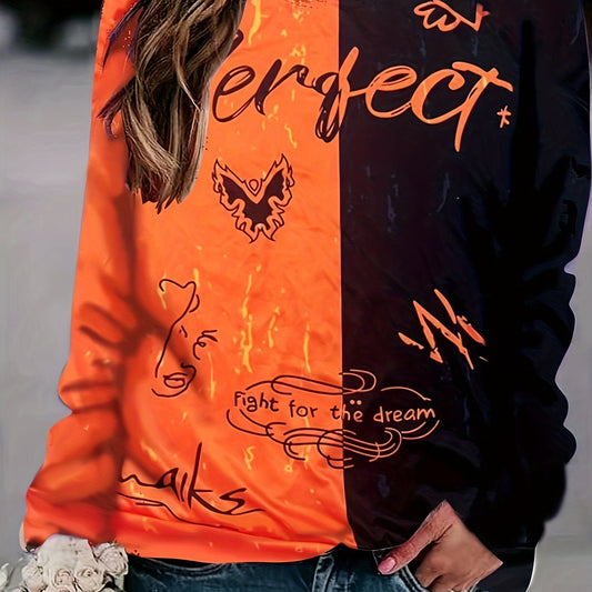 Colorblock Letter & Face Print Round Neck Top