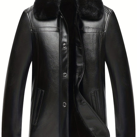 Men's Fleece PU Leather Jacket Button Up Fur Collar Warm Winter Coat