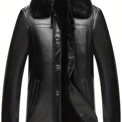 Men's Fleece PU Leather Jacket Button Up Fur Collar Warm Winter Coat