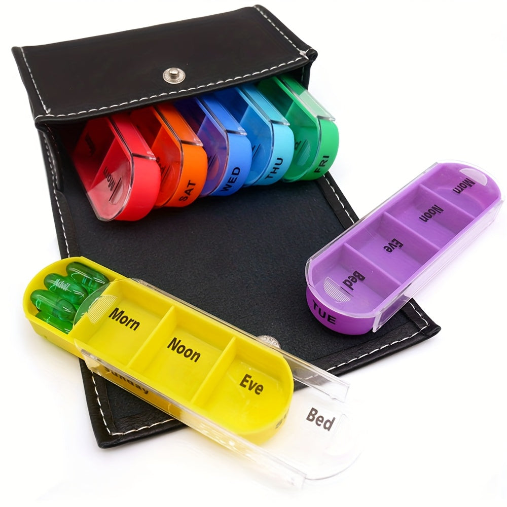 7 Day Pill Organizer with 4 Daily Reminders Portable Faux Leather Medicine Box