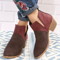 Women's Colorblock Block Heel Ankle Boots Round Toe V-cut Slip On Mid Heels