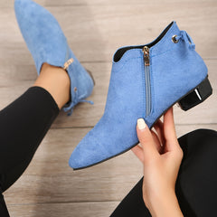 Women's Low Heel Ankle Boots Pointed Toe Side Zipper Block Heels