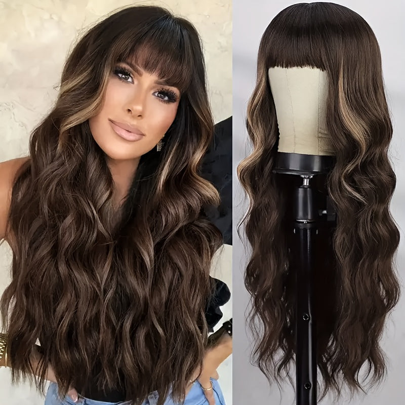 Brown Highlight Wig With Bangs Long Wavy Hair Wig Curly Synthetic Wigs