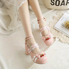 Women's Bowknot Chunky Heels Sweet Strawberry Buckle Strap Shoes