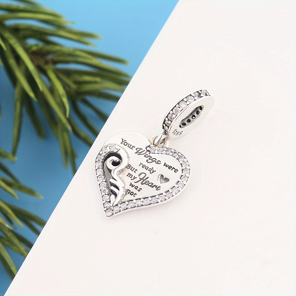 925 Silver Zircon Feather Heart Pendant DIY Jewelry Gift