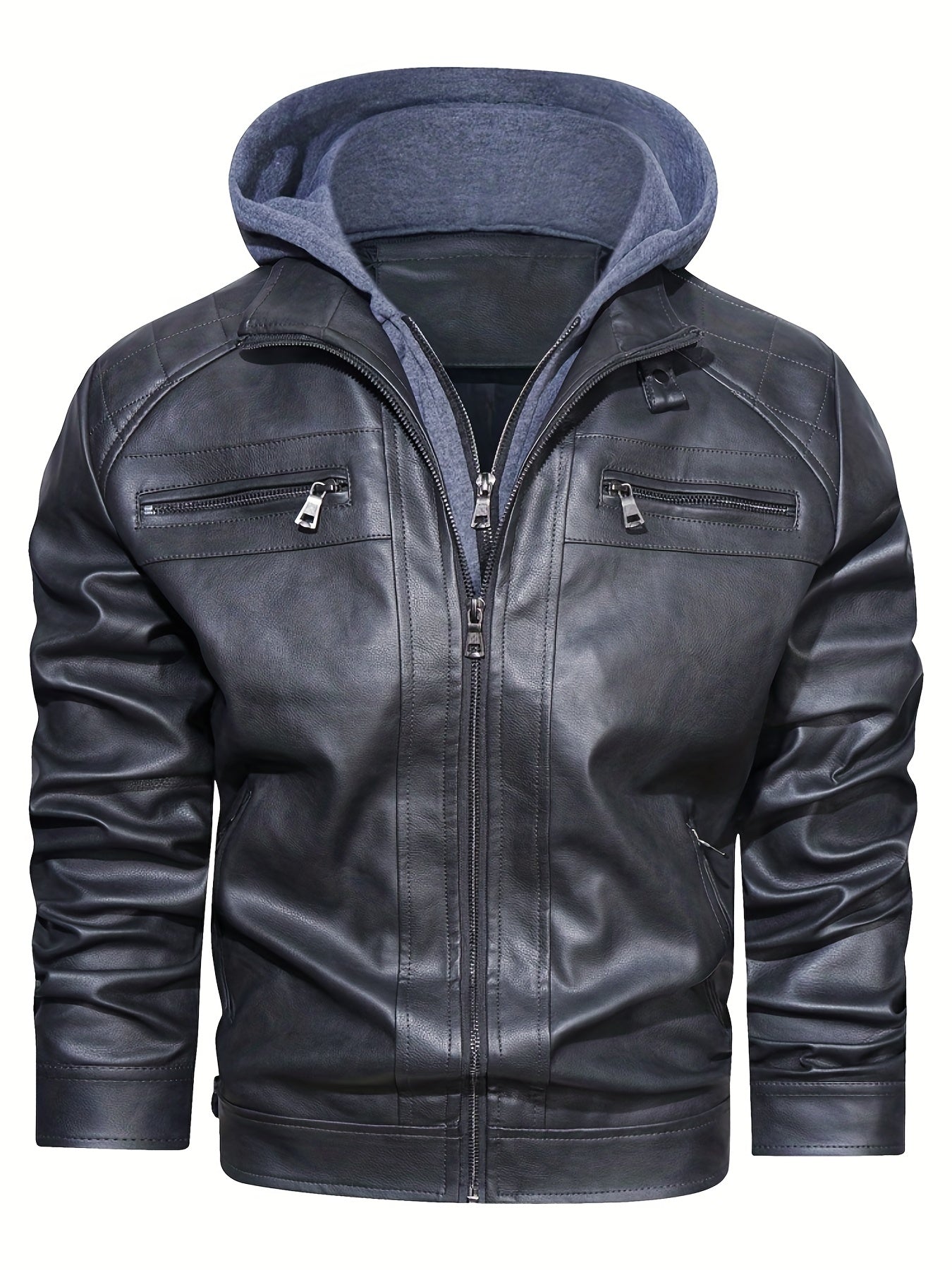 Men's Vintage Style Pu Hooded Jacket Zip Up Faux Leather Coat