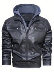 Men's Vintage Style Pu Hooded Jacket Zip Up Faux Leather Coat