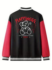 Letter Print Embroidery Varsity Jacket Men's Casual Block Button Up Jacket