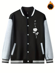 Rose Pattern Embroidery Varsity Jacket Men's Casual Block Button Up Jacket