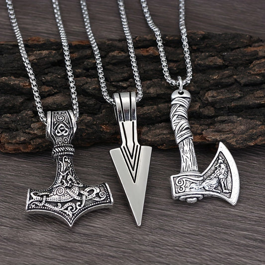 Men's Viking Necklace Hammer Compass Knot Wolf Axe Pendant
