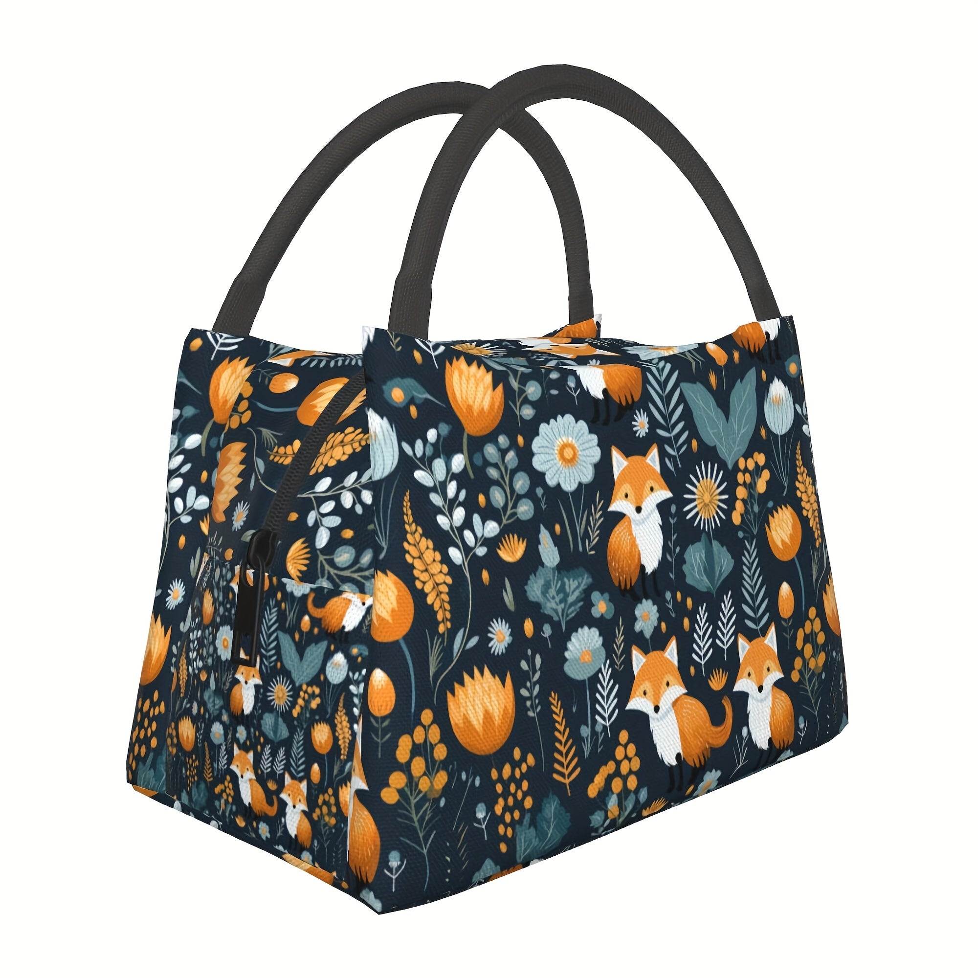 Insulated Lunch Bag Fox Forest Pattern Large Tote Bag Zipper Cooler Bag