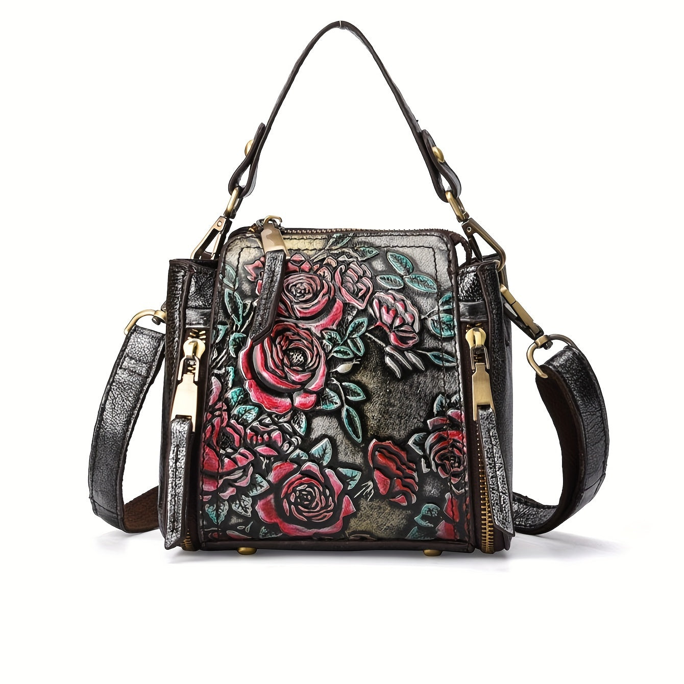 Vintage Floral Hand Painted Women's Shoulder Bag Cowhide Leather Urban Style